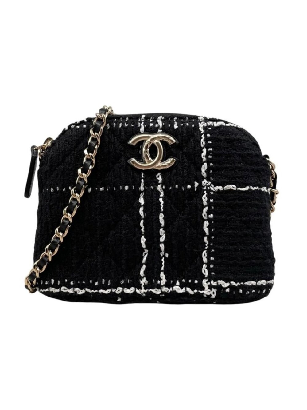 Chanel Shoulder Bag Tweed Chain CC Logo Black White Gold